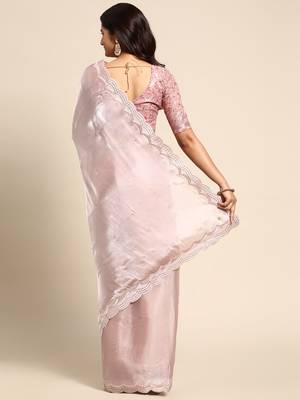 pink embellished sequinned organza saree 3