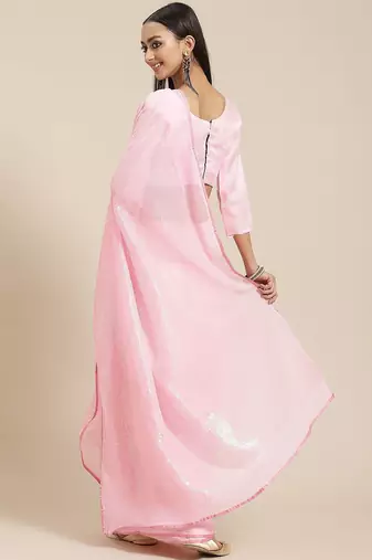 pink pink sequinned & embroidered saree