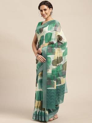 teal teal & black abstract print pure linen celebrity saree 1