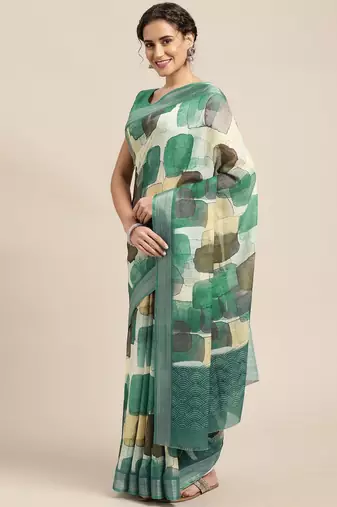 teal teal & black abstract print pure linen celebrity saree