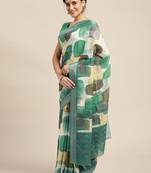 teal teal & black abstract print pure linen celebrity saree