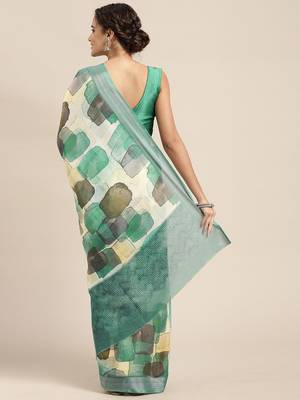 teal teal & black abstract print pure linen celebrity saree 2