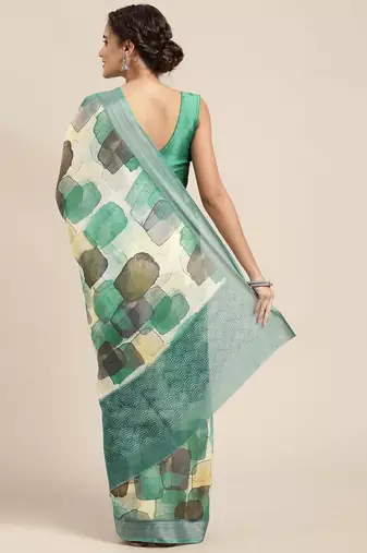 teal teal & black abstract print pure linen celebrity saree