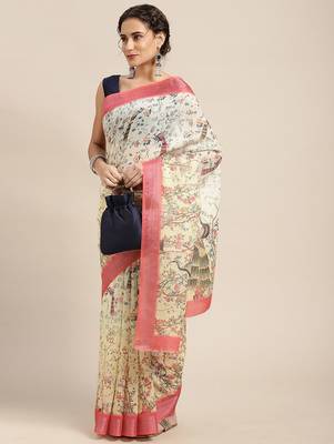 yellow yellow & peach-coloured ethnic motifs print pure linen celebrity saree 1