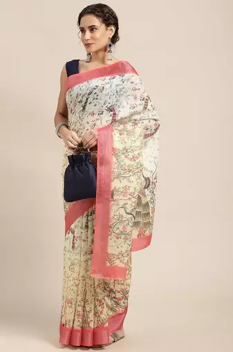 yellow yellow & peach-coloured ethnic motifs print pure linen celebrity saree