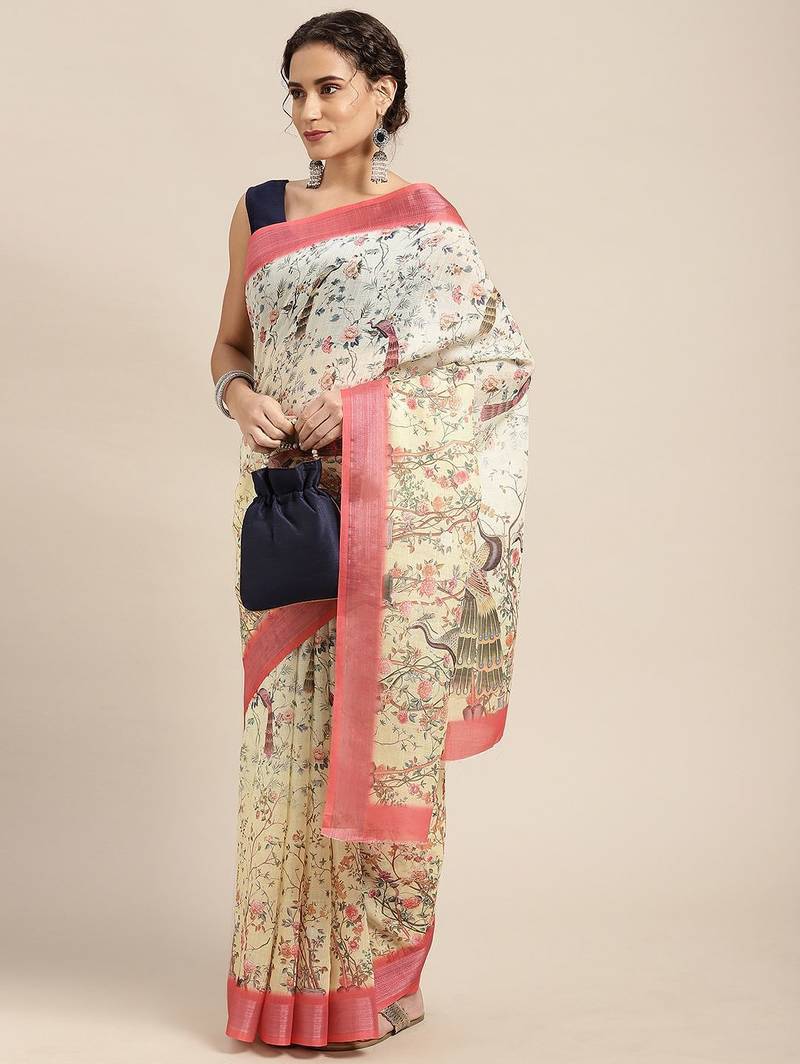 yellow yellow & peach-coloured ethnic motifs print pure linen celebrity saree