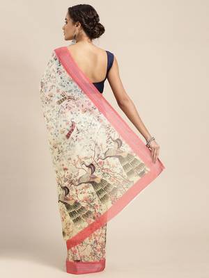 yellow yellow & peach-coloured ethnic motifs print pure linen celebrity saree 2