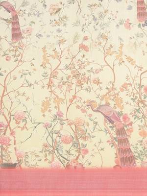 yellow yellow & peach-coloured ethnic motifs print pure linen celebrity saree 3