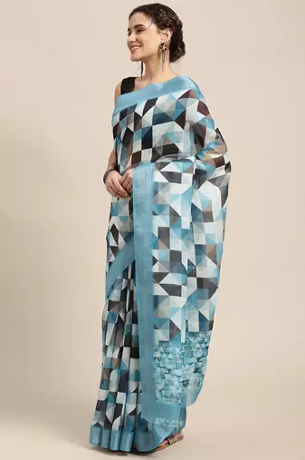 blue blue & black abstract print pure linen celebrity saree