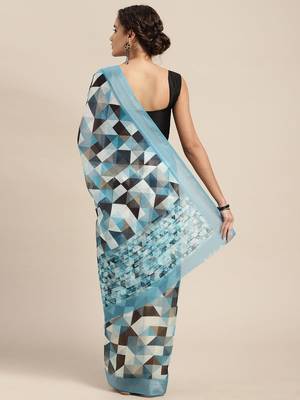 blue blue & black abstract print pure linen celebrity saree 2