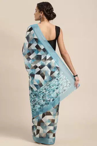 blue blue & black abstract print pure linen celebrity saree