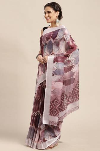 purple purple & grey abstract print pure linen celebrity saree