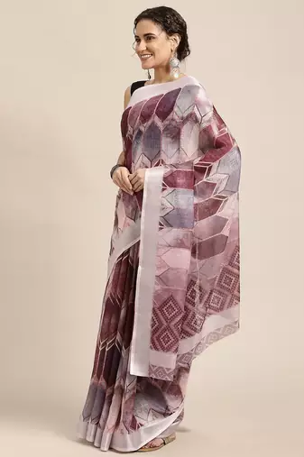 purple purple & grey abstract print pure linen celebrity saree