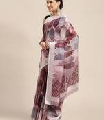 purple purple & grey abstract print pure linen celebrity saree