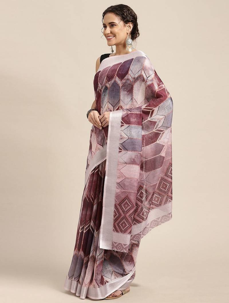 purple purple & grey abstract print pure linen celebrity saree