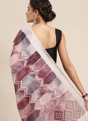 purple purple & grey abstract print pure linen celebrity saree 2