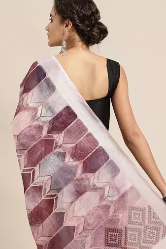 purple purple & grey abstract print pure linen celebrity saree