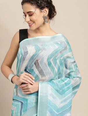 blue blue abstract print pure linen celebrity saree 1