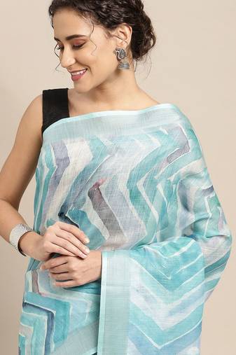 blue blue abstract print pure linen celebrity saree