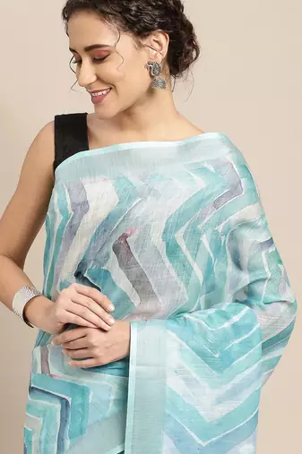 blue blue abstract print pure linen celebrity saree