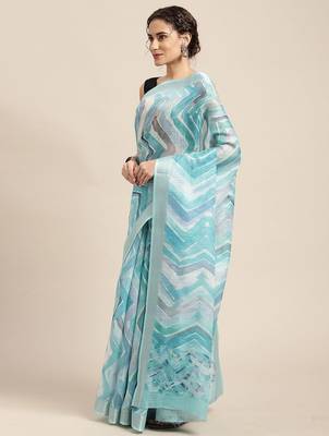 blue blue abstract print pure linen celebrity saree 2