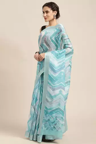blue blue abstract print pure linen celebrity saree