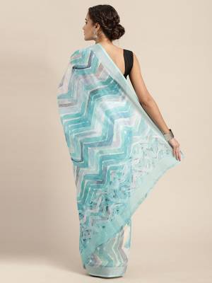 blue blue abstract print pure linen celebrity saree 3