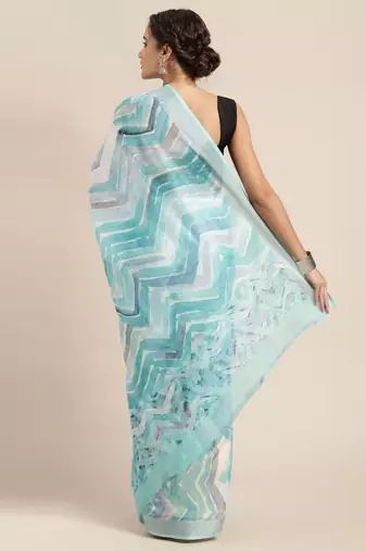 blue blue abstract print pure linen celebrity saree
