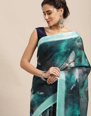 blue blue abstract print pure linen celebrity saree 1