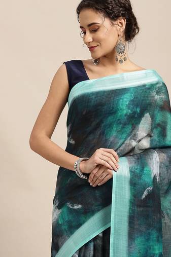 blue blue abstract print pure linen celebrity saree