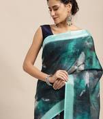 blue blue abstract print pure linen celebrity saree