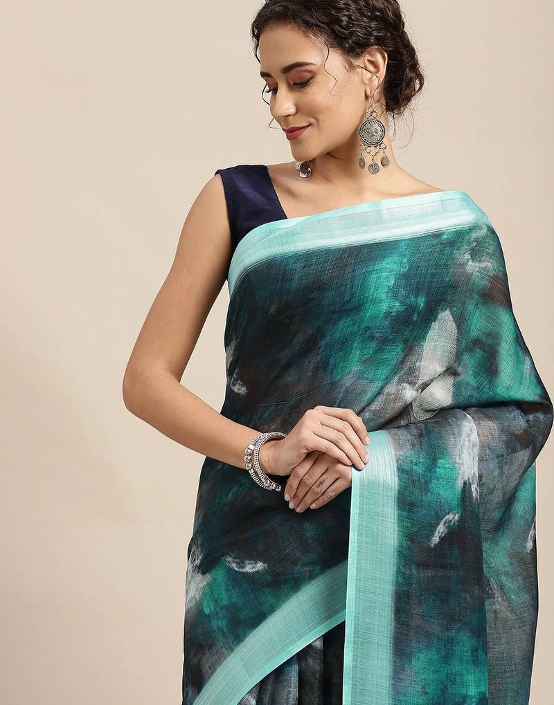 blue blue abstract print pure linen celebrity saree