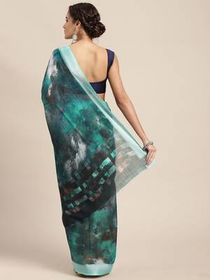 blue blue abstract print pure linen celebrity saree 3