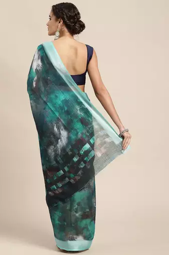 blue blue abstract print pure linen celebrity saree