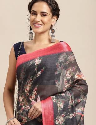 black black & cream-coloured floral print pure linen celebrity saree 1