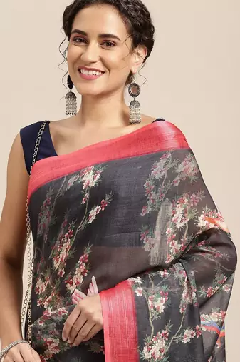 black black & cream-coloured floral print pure linen celebrity saree