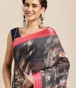 black black & cream-coloured floral print pure linen celebrity saree