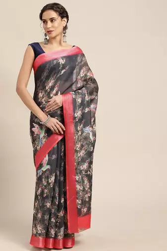 black black & cream-coloured floral print pure linen celebrity saree