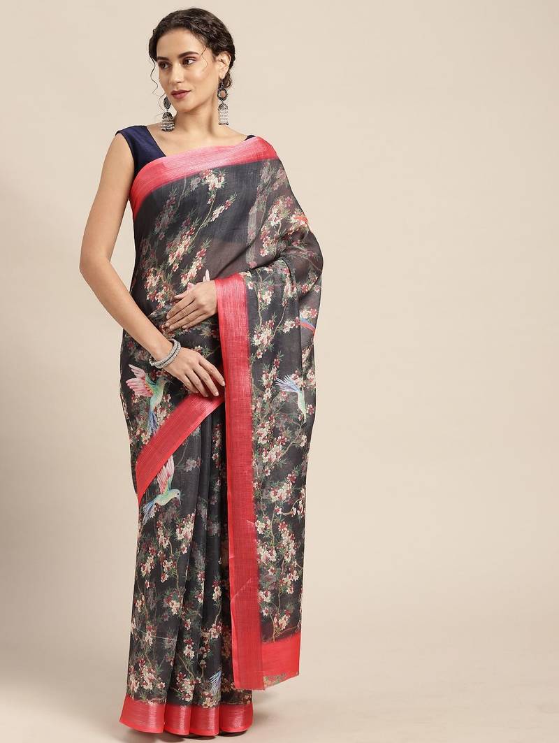 black black & cream-coloured floral print pure linen celebrity saree
