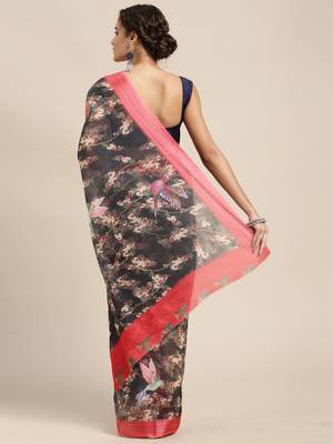 black black & cream-coloured floral print pure linen celebrity saree 3