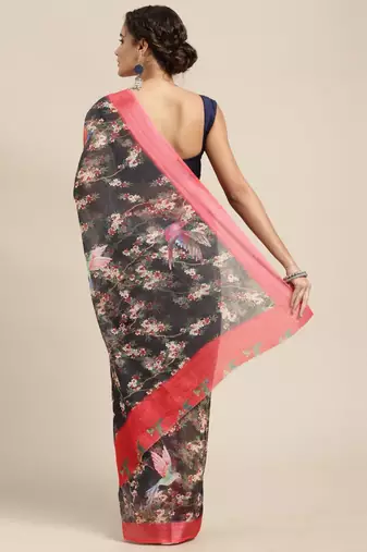 black black & cream-coloured floral print pure linen celebrity saree