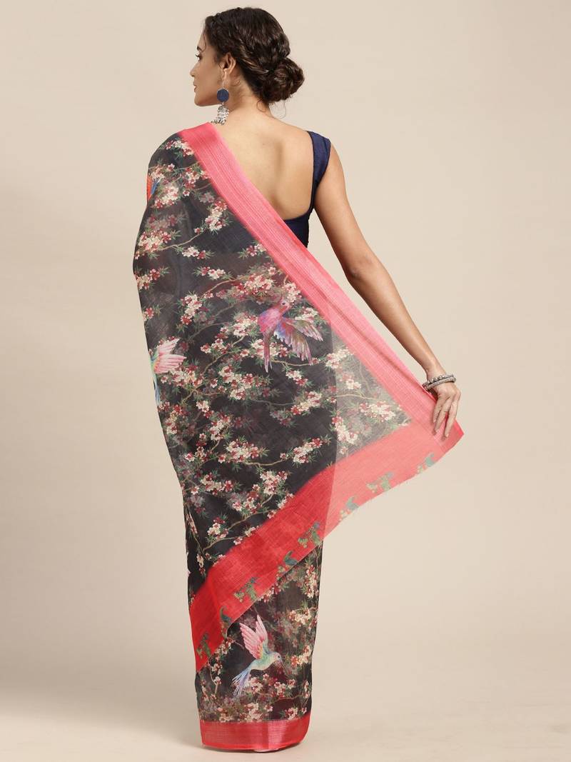 black black & cream-coloured floral print pure linen celebrity saree