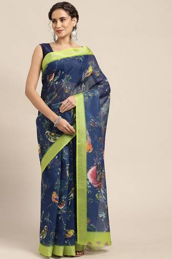 blue blue & green floral print pure linen celebrity saree