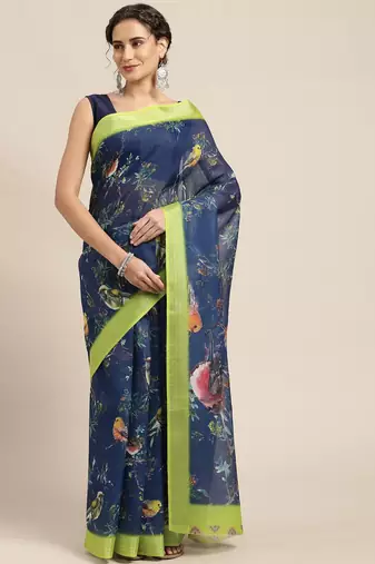 blue blue & green floral print pure linen celebrity saree
