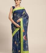 blue blue & green floral print pure linen celebrity saree