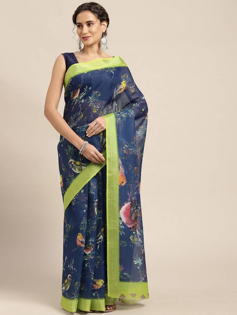 blue blue & green floral print pure linen celebrity saree