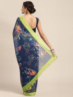 blue blue & green floral print pure linen celebrity saree 2