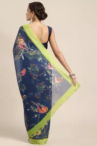 blue blue & green floral print pure linen celebrity saree