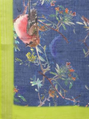 blue blue & green floral print pure linen celebrity saree 4
