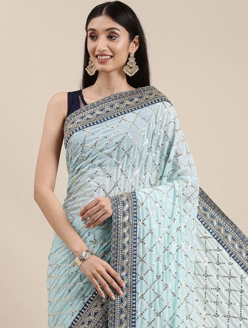 blue blue embellished sequinned saree